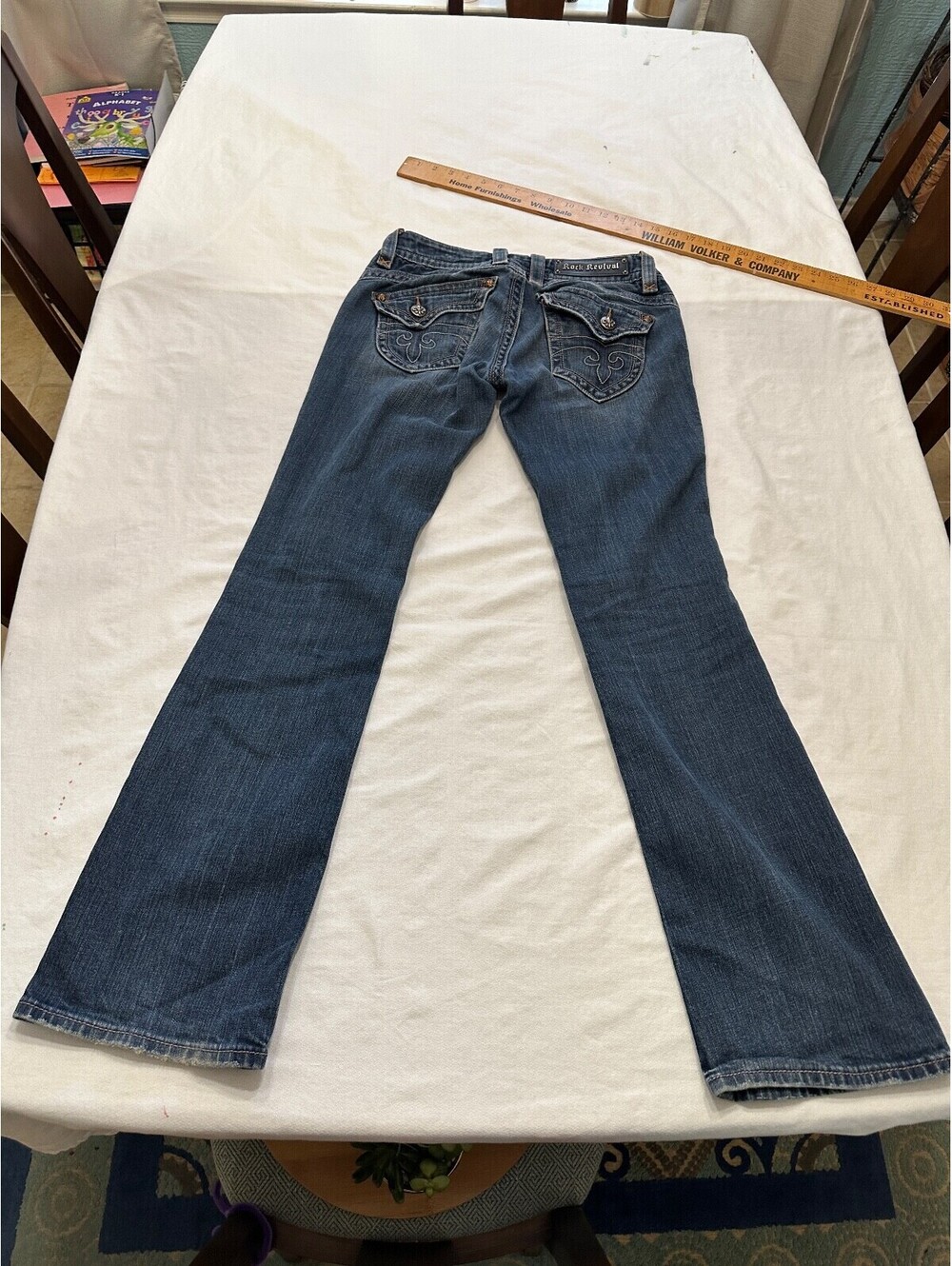 Rock Revival Gwen Boot Cut Jeans Embellished Thick Stitch 27 x 30.5 Flap Pockets